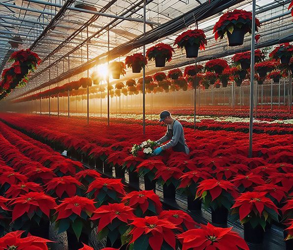Cultivo de flores navideñas en invernadero Invernadero con flores de temporada navideña