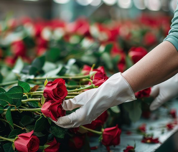 Manejo postcosecha de flores Manos manipulando rosas para empaquetar