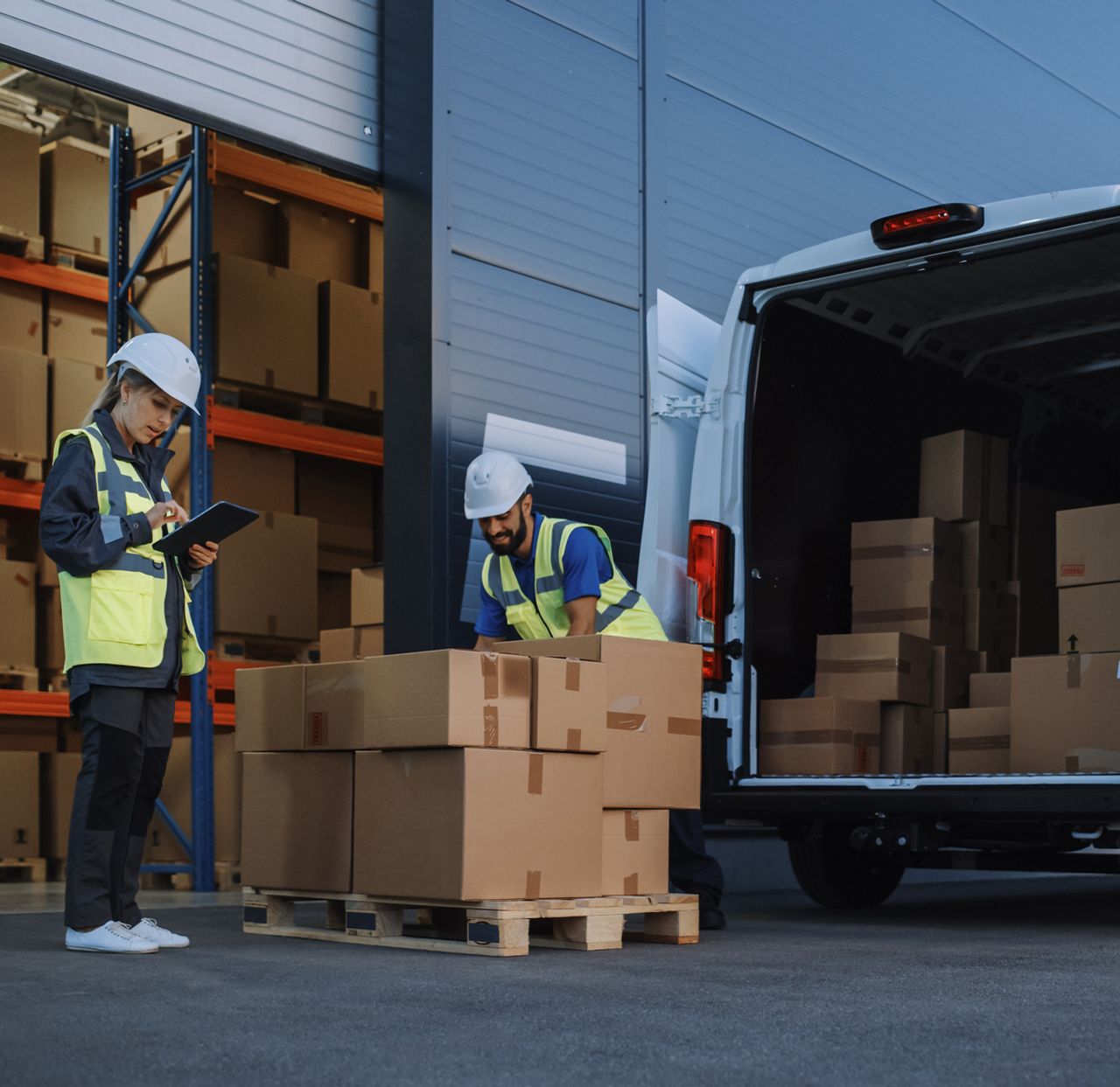 Trabajadores inspeccionando cajas cerca de una furgoneta de carga