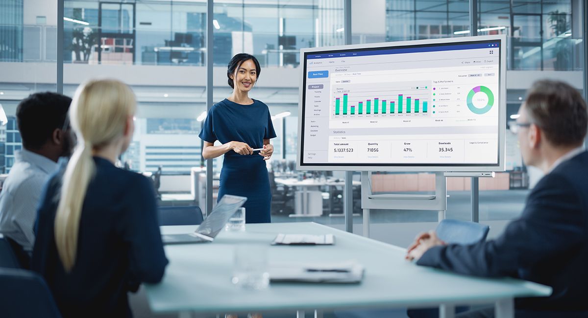 Presentación de análisis de datos en una sala de reuniones