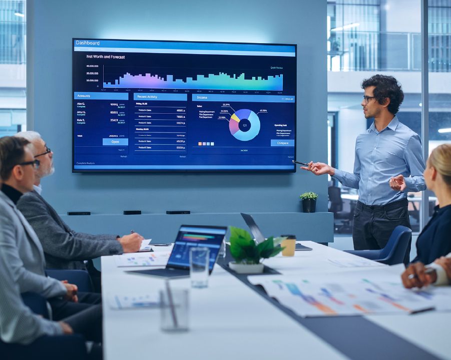 Team in a boardroom analyzing data visualizations on a screen