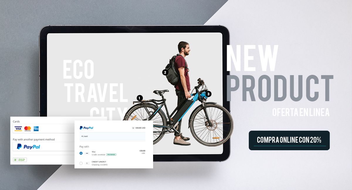 Lanzamiento de producto digital Tablet con bicicleta promocionada y opciones de pago digital.