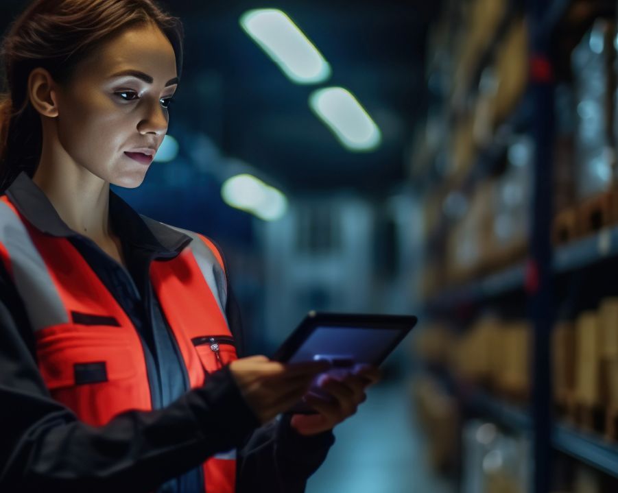 Mujer con uniforme verificando inventarios en un almacén nocturno.