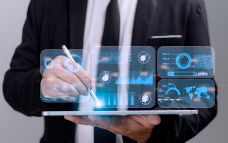 Interfaz ERP moderna con inteligencia artificial y analítica predictiva integradas en una empresa digital